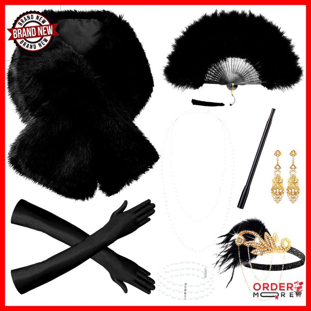 Vintage Flapper Costume Accessories Set With Feathers Pearls Faux Fur Shawl